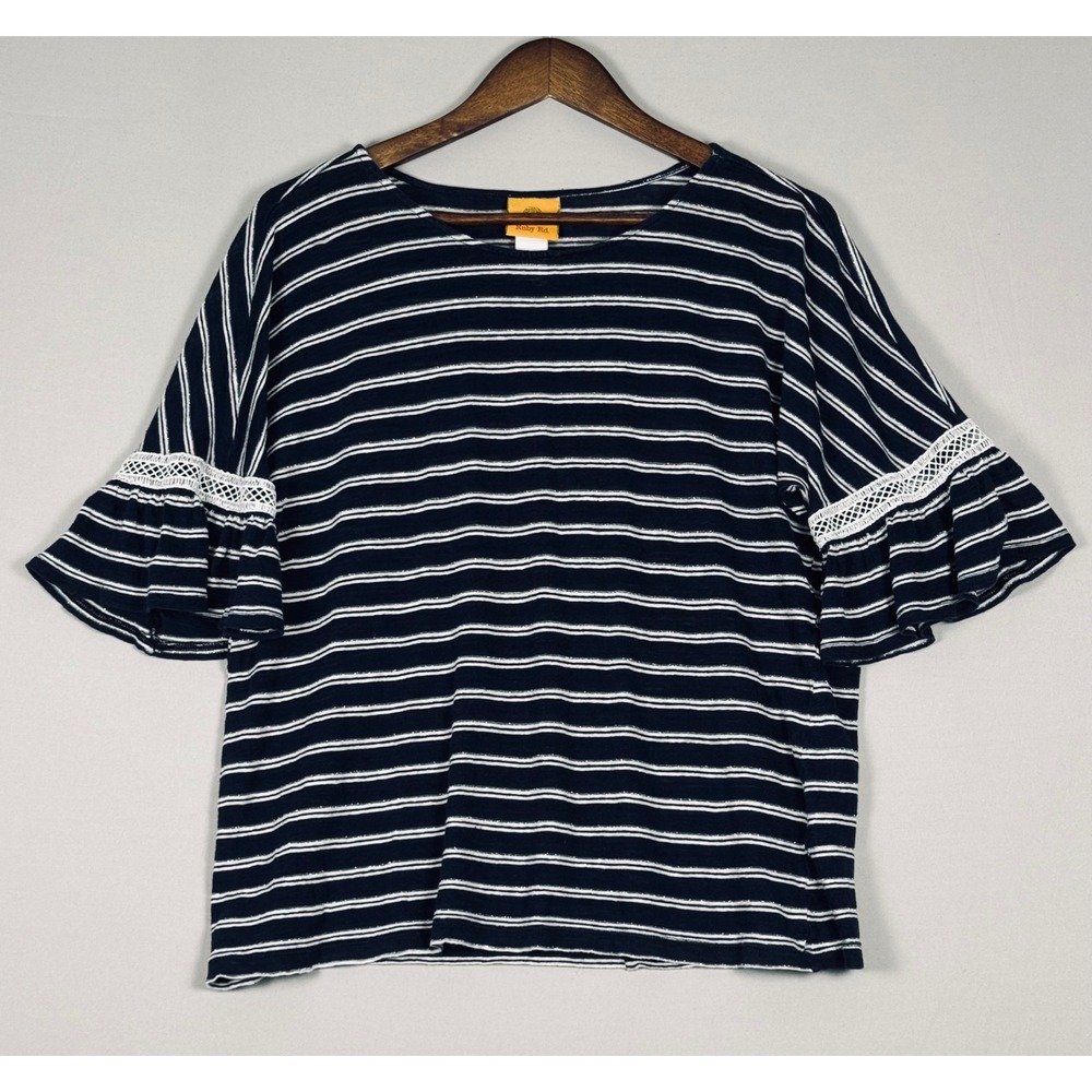 Ruby Rd. Striped Bell Sleeve Top Women Large Navy Blue Excellent Lace Trim